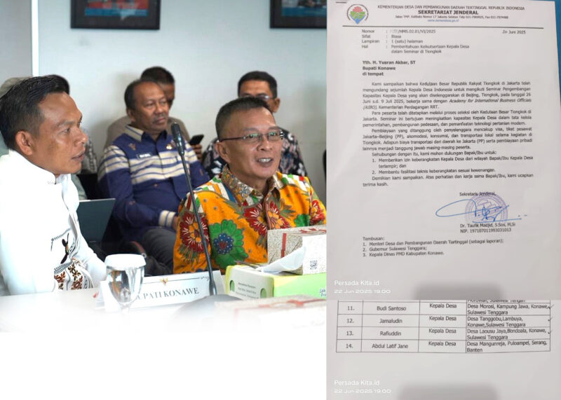 Bupati Konawe, H Yusran Akbar dan Wakil Bupati, H Syamsul Ibrahim : Tiga kepala desa dari Kabupaten Konawe, Sulawesi Tenggara (Sultra), terpilih sebagai perwakilan Indonesia dalam Seminar Pengembangan Kapasitas Kepala Desa di Beijing, Tiongkok, pada 26 Juni hingga 9 Juli 2025 mendatang.