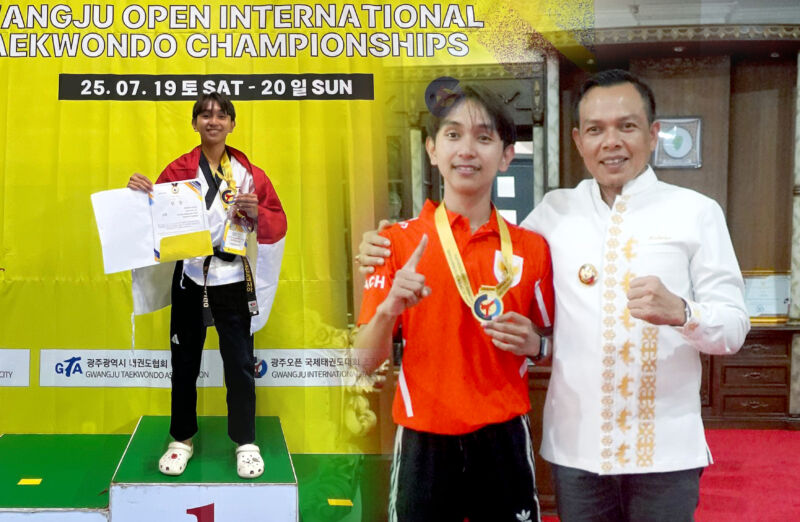 Bupati Konawe, H. Yusran Akbar ST menyambut langsung prestasi gemilang atlet Taekwondo Asal Konawe, Rahmat Lagaligo. sang juara, Peraih medali emas di Gwangju Open International Taekwondo Championships 2025 di Korea Selatan yang diraihnya di kelas Poomsae Senior setelah mengalahkan atlet-atlet tangguh dari berbagai negara, di Kantor Bupati Konawe, Jumat (25/7/2025)