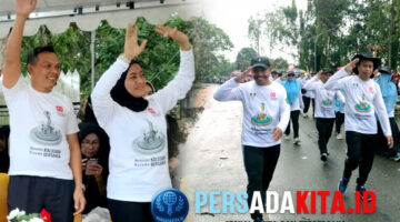 Bupati Konawe, H Yusran Akbar ST di dampingi Ketua Tim Penggerak PKK, Hj Hania bersama Kapolres Konawe, AKBP Noer Alam SIK, Ketua DPRD Konawe, I Made Asmaya dan Sekda Konawe, Ferdinand Sapan saat menyambut peserta di garis finis: Peserta gerak jalan dengan kostum bertema Monumen Kalosara dan 