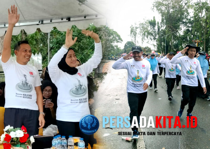 Bupati Konawe, H Yusran Akbar ST di dampingi Ketua Tim Penggerak PKK, Hj Hania bersama Kapolres Konawe, AKBP Noer Alam SIK, Ketua DPRD Konawe, I Made Asmaya dan Sekda Konawe, Ferdinand Sapan saat menyambut peserta di garis finis: Peserta gerak jalan dengan kostum bertema Monumen Kalosara dan 