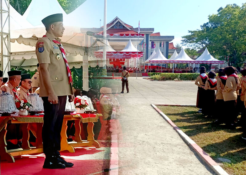 Bupati Konawe, H. Yusran Akbar ST, memimpin upacara peringatan Hari Pramuka ke-64 di Lapangan Kantor Bupati Konawe, Unaaha, Kamis (14/8/2025)