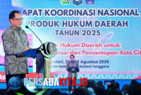 Menteri Dalam Negeri Muhammad Tito Karnavian saat membuka Rakornas PHD 2025, Rapat Koordinasi berskala nasional yang dihadiri hampir 4.125 peserta dari seluruh penjuru Indonesia di Aula Bahteramas, di Aula Bahteramas, Kantor Gubernur Sulawesi Tenggara, Rabu (27/8/2025). 