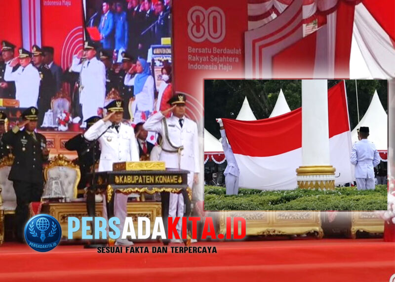 Bupati Konawe, H Yusran Akbar ST memimpin upacara HUT ke-80 RI di tengah hujan deras. Pasukan Paskibraka Konawe mengibarkan bendera dengan sempurna meski cuaca ekstrem, Minggu (17/8/2025)
