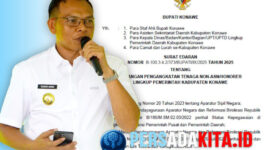 Dokumen Surat Edaran Bupati Konawe Nomor B-100.3.4.2/373/BUPATI/IX/2025 yang melarang pengangkatan tenaga non-ASN di seluruh instansi pemerintahan daerah.