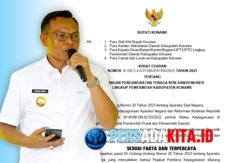 Dokumen Surat Edaran Bupati Konawe Nomor B-100.3.4.2/373/BUPATI/IX/2025 yang melarang pengangkatan tenaga non-ASN di seluruh instansi pemerintahan daerah.