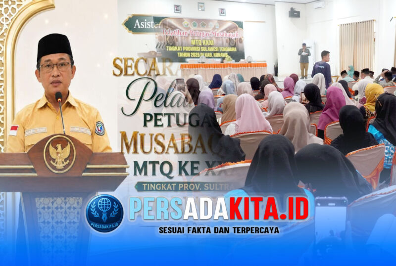 Asisten I Sekretariat Daerah Kabupaten Konawe, Marjuni Ma'mir memberikan sambutan saat membuka resmi Pelatihan Petugas MTQ XXXI Tingkat Provinsi Sulawesi Tenggara Tahun 2026 di salah satu venue pelatihan, Sabtu (8/5/2026).