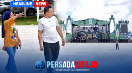 Bupati Konawe, H. Yusran Akbar, S.T., didampingi Ketua TP PKK, Hj. Hania, S.Pd., M.Pd., Gr., meninjau area panggung utama di eks STQ Unaaha, Minggu (21/6/2026).
