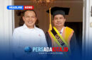 Bupati Konawe H. Yusran Akbar, S.T. (kiri) bersama Prof. Dr. H. M. Najib Husain, S.Sos., M.Si (kanan) usai menghadiri pengukuhan Guru Besar UHO di Auditorium Mokodompit, Rabu (29/7/2026) kemarin.