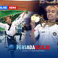 Rahmat Lagaligo mengibarkan Bendera Lambang Daerah Konawe: Rahmat Lagaligo dengan gagah mengibarkan bendera kebanggaan Kabupaten Konawe usai dinobatkan sebagai juara di Kejurprov Taekwondo Sultra 2026.