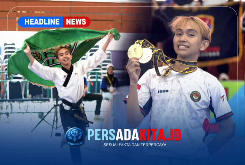 Rahmat Lagaligo mengibarkan Bendera Lambang Daerah Konawe: Rahmat Lagaligo dengan gagah mengibarkan bendera kebanggaan Kabupaten Konawe usai dinobatkan sebagai juara di Kejurprov Taekwondo Sultra 2026.