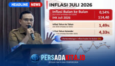 Bupati Konawe H. Yusran Akbar, S.T. saat membuka rapat evaluasi realisasi PAD dan menyampaikan apresiasinya atas lonjakan pajak restoran serta stabilitas inflasi di Aula BKPSDM Kabupaten Konawe, Senin (3/8/2026).