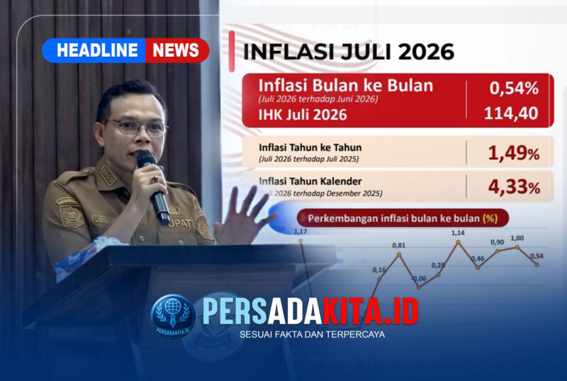 Bupati Konawe H. Yusran Akbar, S.T. saat membuka rapat evaluasi realisasi PAD dan menyampaikan apresiasinya atas lonjakan pajak restoran serta stabilitas inflasi di Aula BKPSDM Kabupaten Konawe, Senin (3/8/2026).
