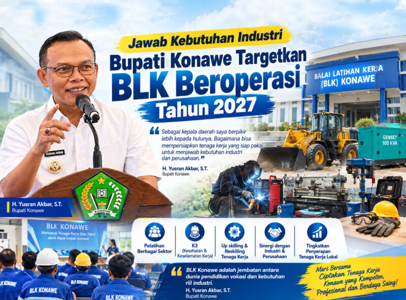 Bupati Konawe, H. Yusran Akbar, S.T., menegaskan komitmen pemerintah daerah dalam mempersiapkan tenaga kerja siap pakai melalui BLK Konawe.