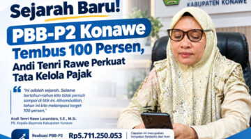Pelaksana Tugas (Plt.) Kepala Badan Pendapatan Daerah (Bapenda) Kabupaten Konawe, Andi Tenri Rawe Lasandara, S.E., M.Si., saat memberikan keterangan pers terkait capaian sejarah realisasi PBB-P2 yang menembus 100 persen di ruangannya, Rabu (28/10/2026)