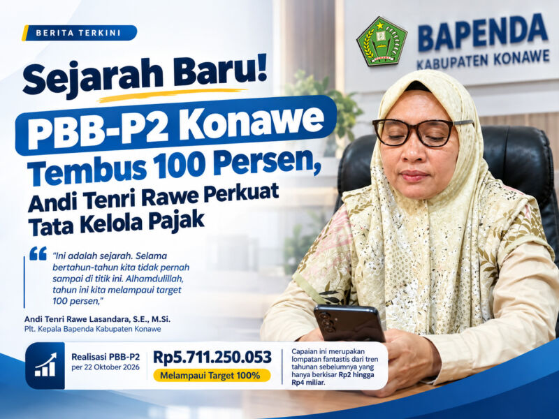 Pelaksana Tugas (Plt.) Kepala Badan Pendapatan Daerah (Bapenda) Kabupaten Konawe, Andi Tenri Rawe Lasandara, S.E., M.Si., saat memberikan keterangan pers terkait capaian sejarah realisasi PBB-P2 yang menembus 100 persen di ruangannya, Rabu (28/10/2026)