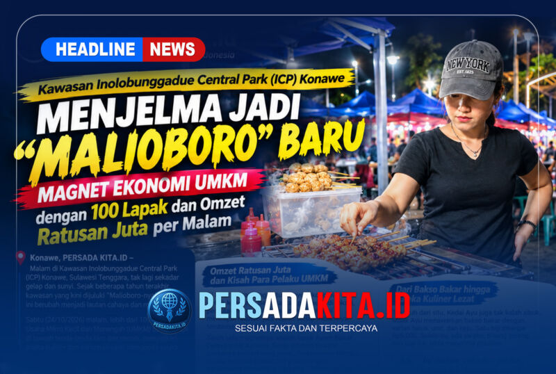 Mbak Ayu, pemilik Kedai Bakso Bakar, sedang mengolesi bumbu pada bakso yang akan dibakar di lapaknya di kawasan Inolobunggadue Central Park (ICP) Konawe, Sabtu (24/10/2026) malam. (Foto: Persada Kita)