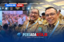 Suasana pembukaan Rakornas TPAKD Tahun 2026 di JIEXPO Convention Centre, Jakarta, yang dihadiri langsung oleh Presiden Prabowo Subianto dan para kepala daerah. Inset Bupati Konawe H. Yusran Akbar, ST (kanan) berfoto bersama dengan sesama kepala daerah di sela-sela agenda Rakornas (Foto: Dok. Istimewa)